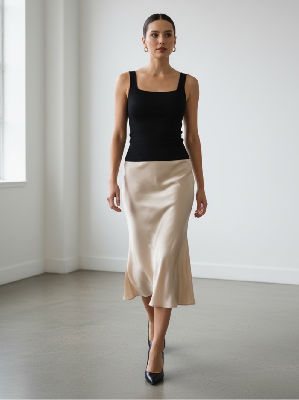 1117 • Champagne Thick Satin Bias Cut Long Skirt